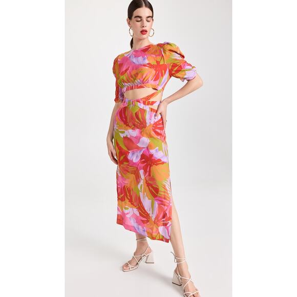 FARM Rio Dresses & Skirts - Farm Rio Colorful Leaves Cutout Midi Dress Small NWT